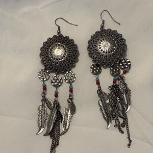 Bohemian Silver-Tone Feather Dangle Earrings with Turquoise and Coral Beads